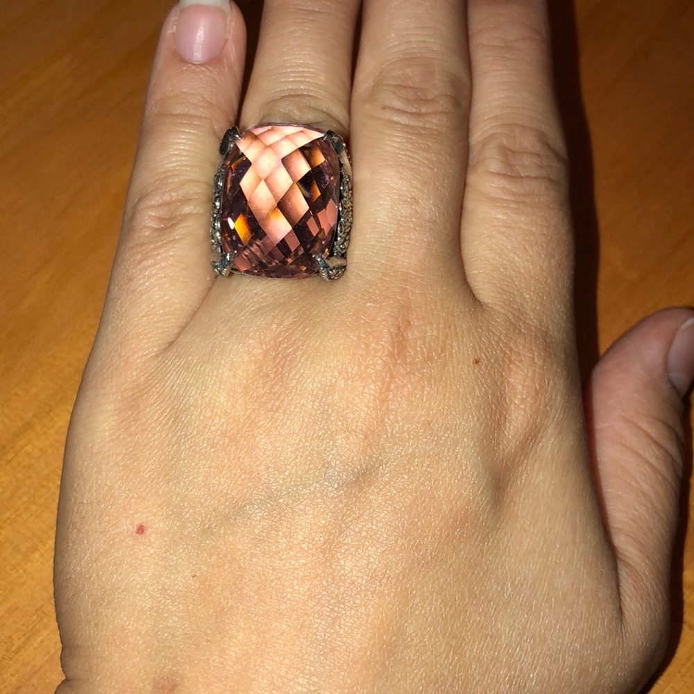 Unique Pink Gem and Marcasite Ring Sterling Silver